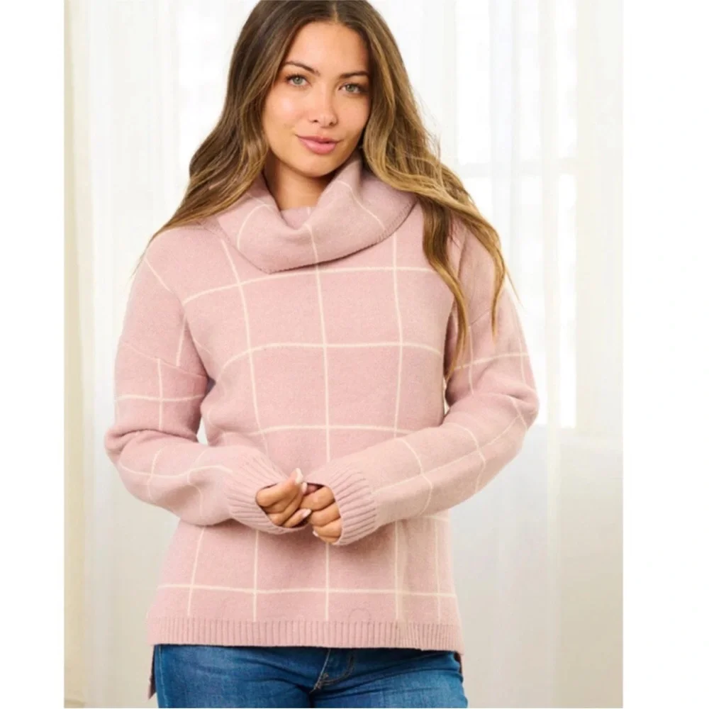 "The Anna" Oatmeal/Beige Window Pane Turtleneck Size Medium - Picture 12 of 12